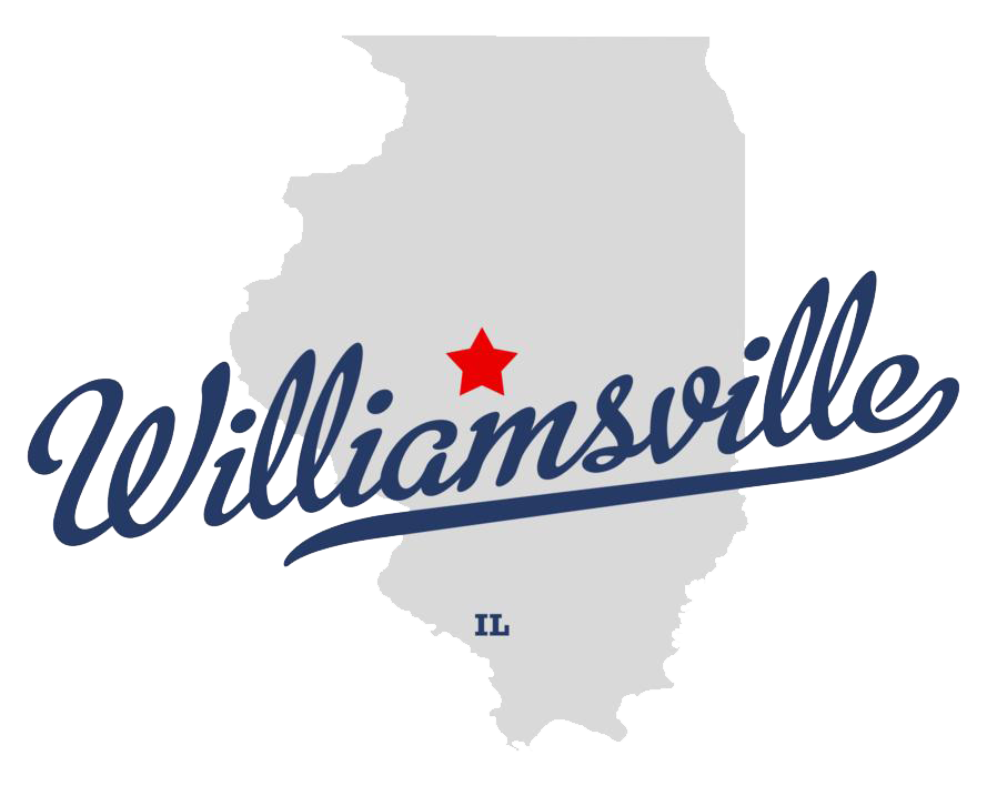 Silhouette of Illinois with "Williamsville" written in blue script across it. A red star marks a location on the map, and "IL" is written near the bottom.