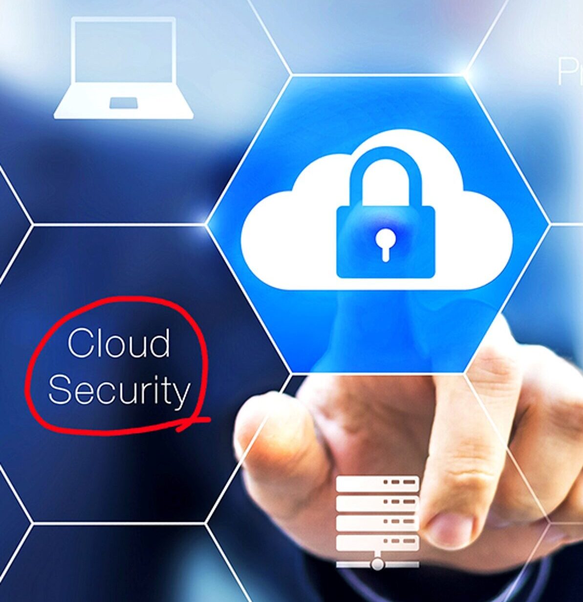 A person points to a digital hexagon icon with a cloud and padlock, symbolizing cloud security. Nearby, the words "Cloud Security" are circled in red. Other icons include a laptop and the word "Devices," all on a blue tech-themed background.