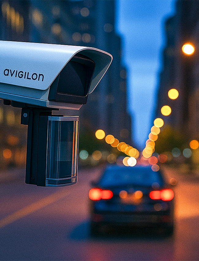 A security camera labeled "Avigilon" is mounted on a pole, overlooking a city street. The background shows a blurred view of a car driving along a road lined with tall buildings and streetlights at dusk.