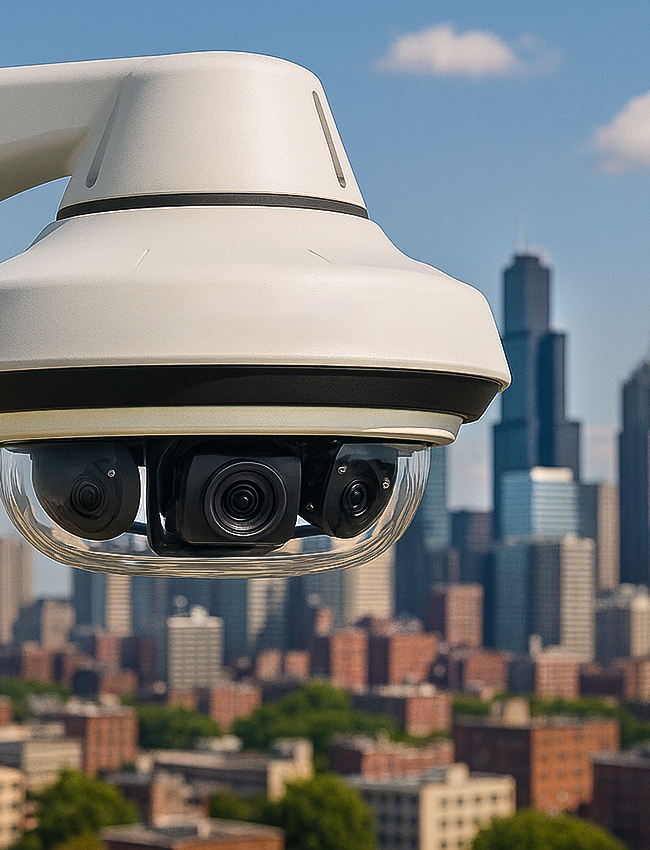 A large security camera is prominently positioned in the foreground, overlooking a cityscape with tall buildings under a blue sky. The camera's lenses are visible, emphasizing surveillance.