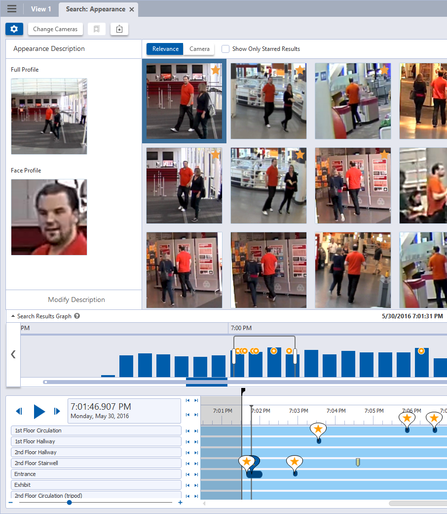 Computer screen displays video surveillance facial recognition software analytics, showing multiple images of a person in different settings using appearance search analytics. St Louis Missouri.