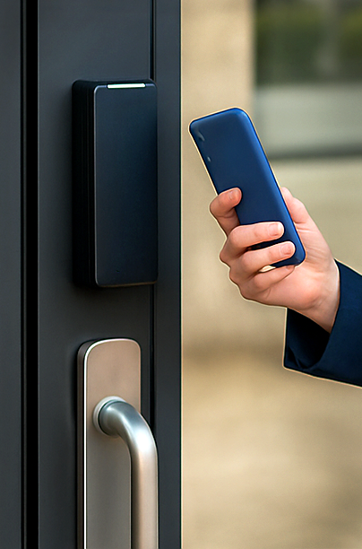 business-woman-using-mobile-phone-to-enter-office-building-with-access-control-st-louis-1