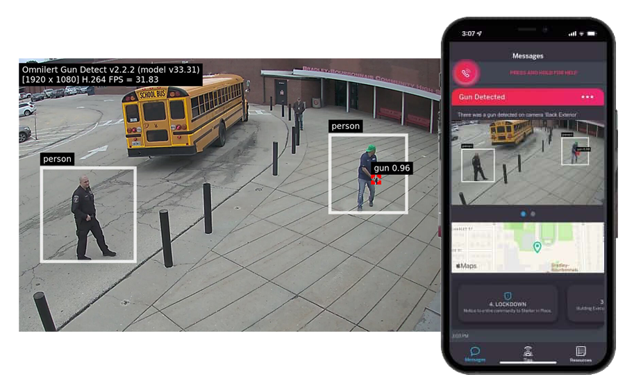 Surveillance footage shows two individuals near a school bus, with one labeled as carrying a gun. An adjacent smartphone screen displays an alert with the same image and location details.