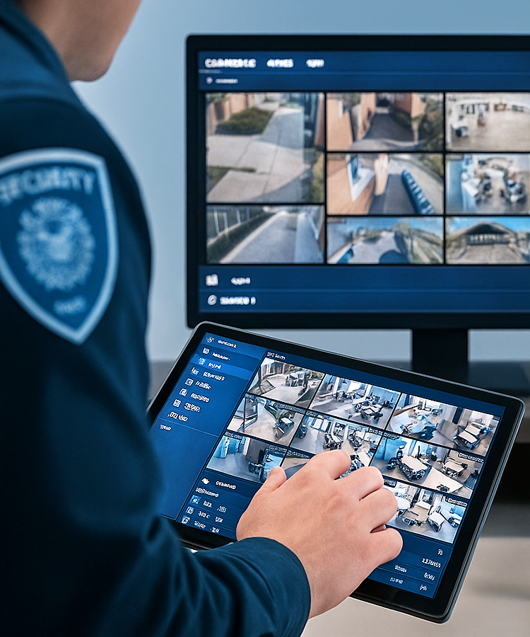 A security officer in Springfield Illinois monitors multiple security surveillance camera feeds on a tablet and large computer screen. Both displays show various video surveillance camera angles of a building's interior and exterior.