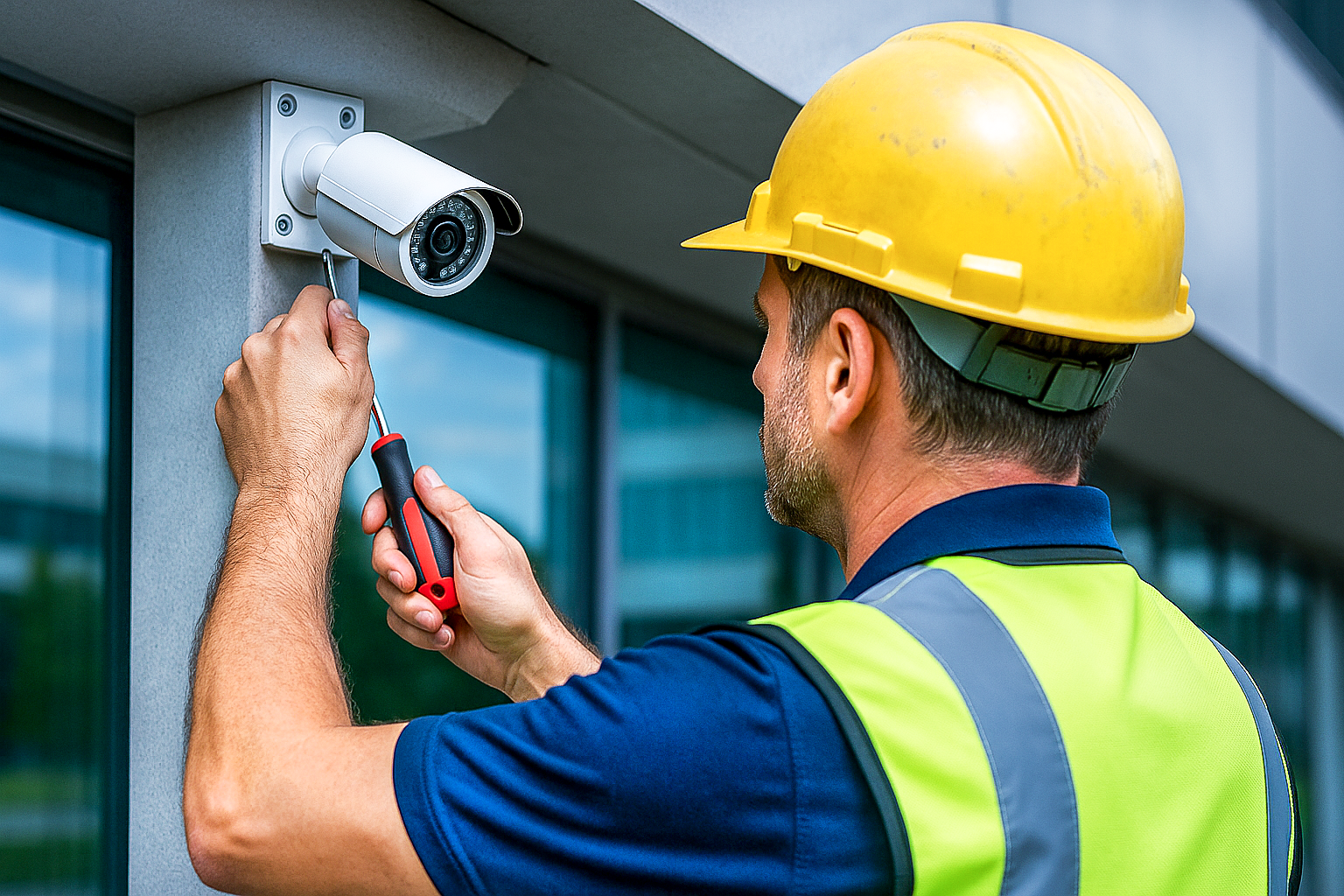 A construction worker in a yellow hard hat and reflective vest installs a security camera on the exterior of a building. He uses a screwdriver to secure the camera, with large windows visible in the background.