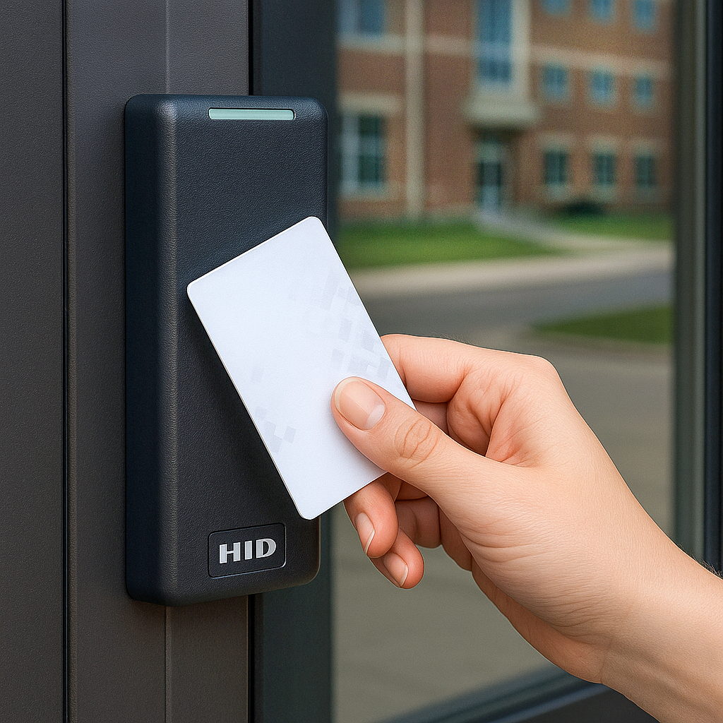 A hand holds a white access card near a black HID card reader mounted on a wall. The background shows a blurred view of a building and greenery.