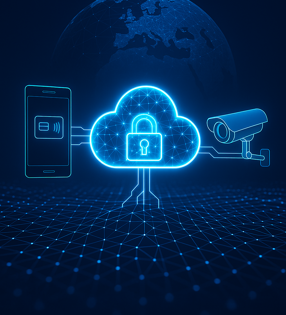 A digital illustration features a glowing cloud with a padlock icon, symbolizing security. It connects to a smartphone and a security camera, all set against a dark, grid-patterned background with a faint globe above.